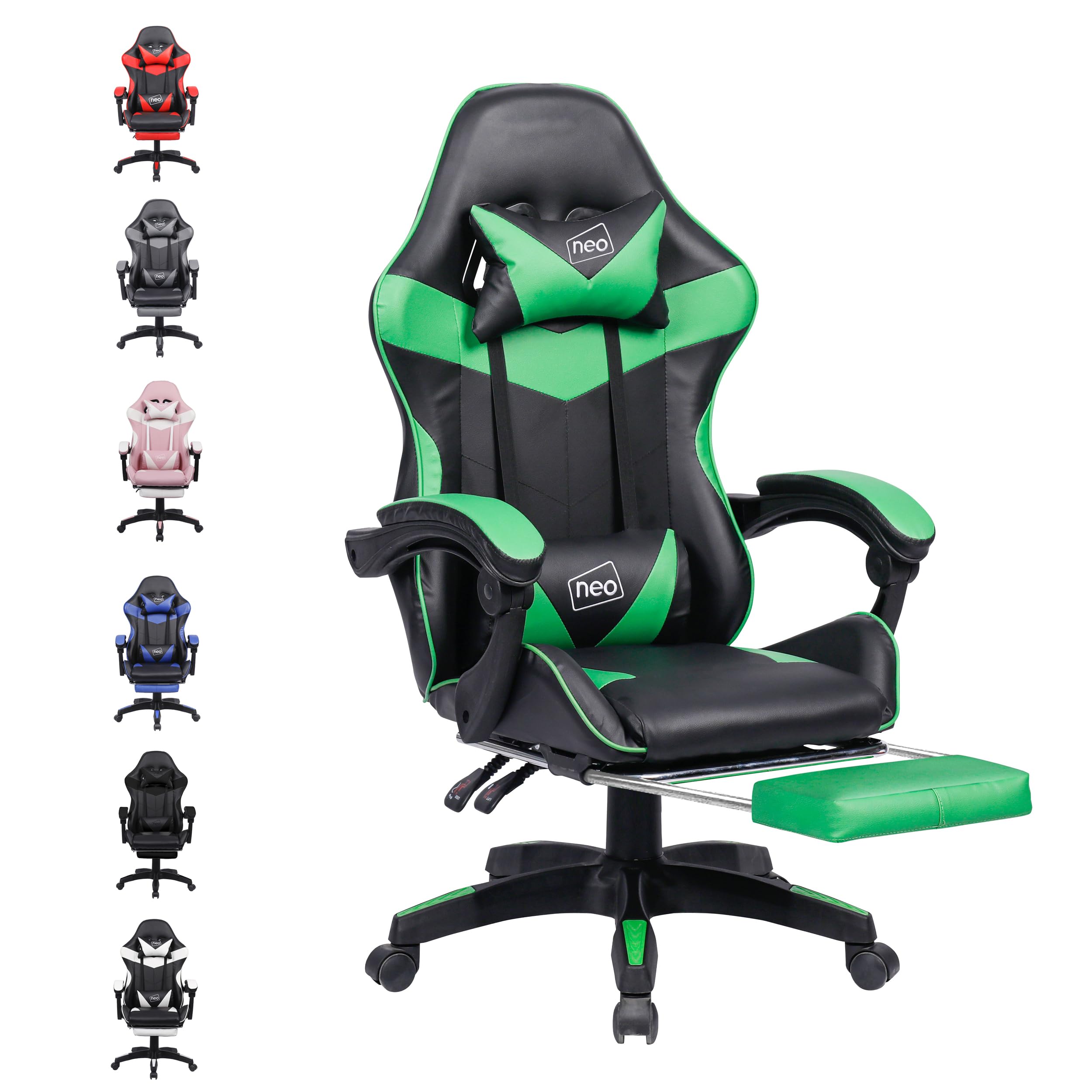 Neo Executive PU Leather Massage Sport Racing Gaming Home Office Computer Chair Lumbar Back Support Footrest (Green)