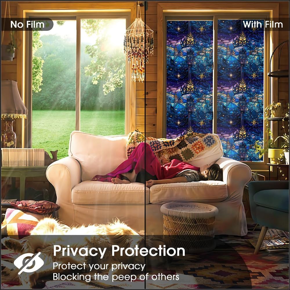 16“x118 Elegant Glitter Night Sky Double Side Window Films Art Decorative Window Privacy Tinting Film Self-Adhesive Static Glass Window Clings Stickers for Living Room Bathroom Glass Windows Decor