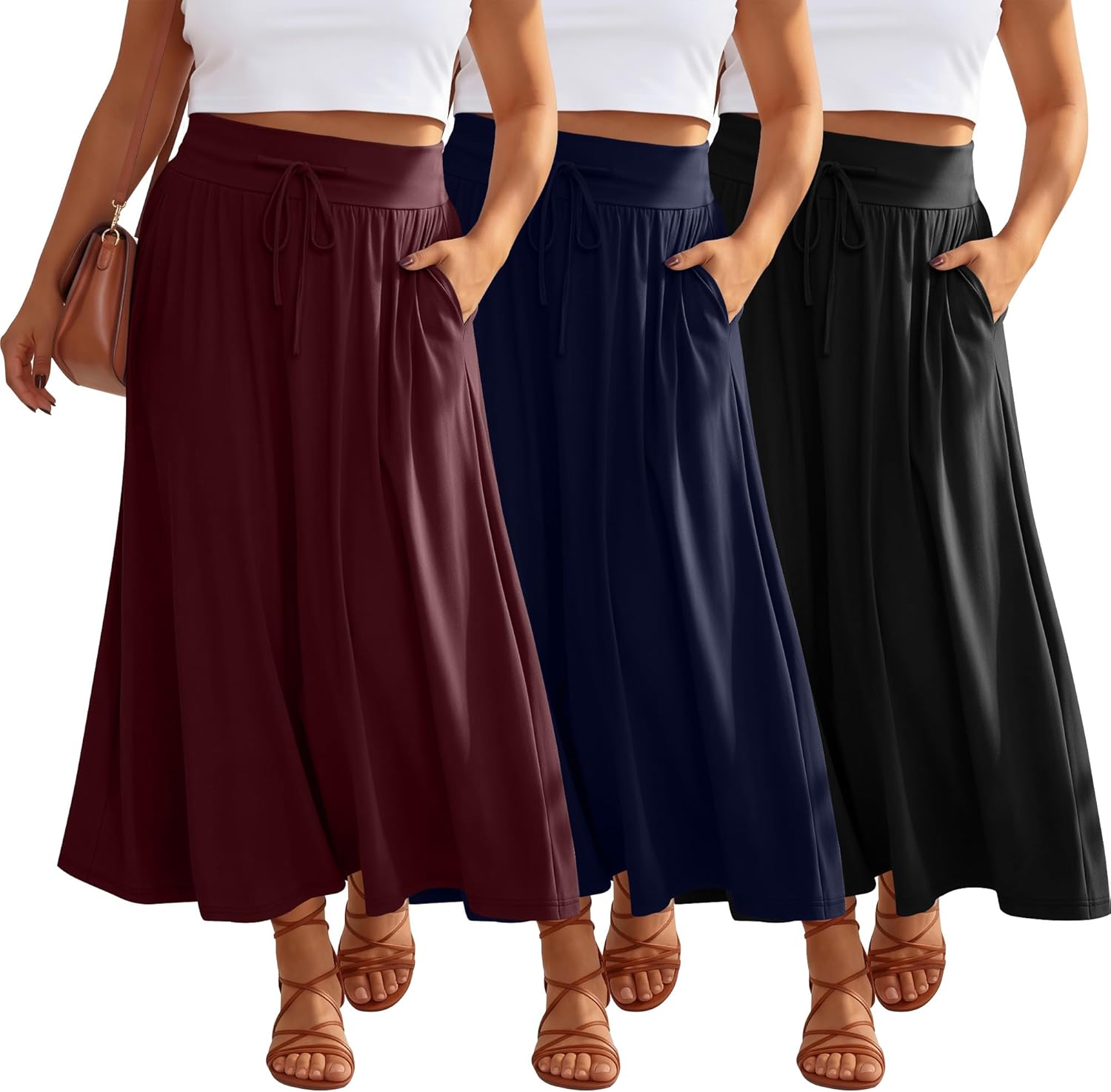 3 Pack Women's Plus Size Maxi Long Skirts a Line High Waisted Ankle Length Flowy Pleated Skirts with Pockets