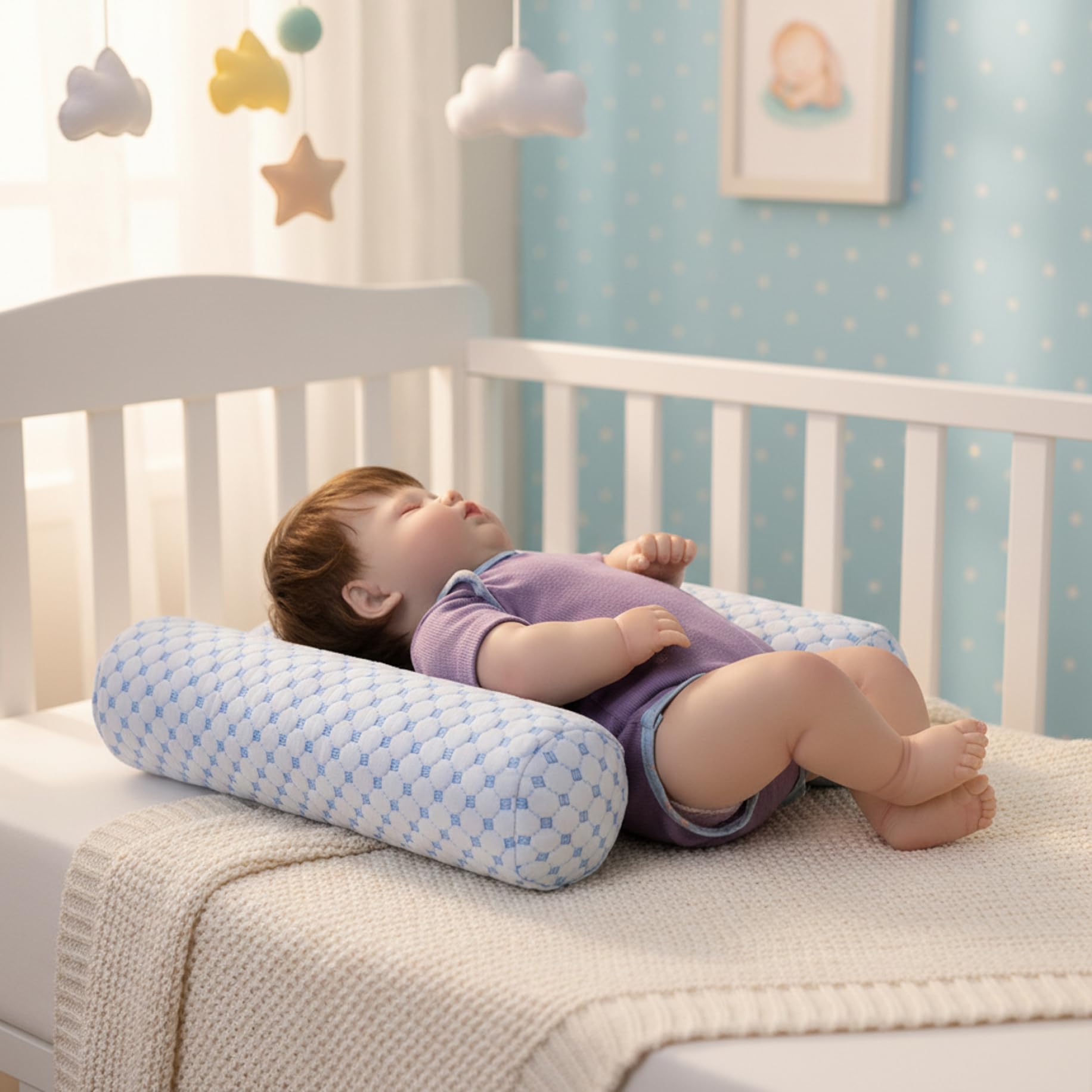 Oreiller Anti-roulis pour bébé, réglable, Respirant, pour Dormir sur Le côté, Amovible, Lavable, Reflux, Bleu