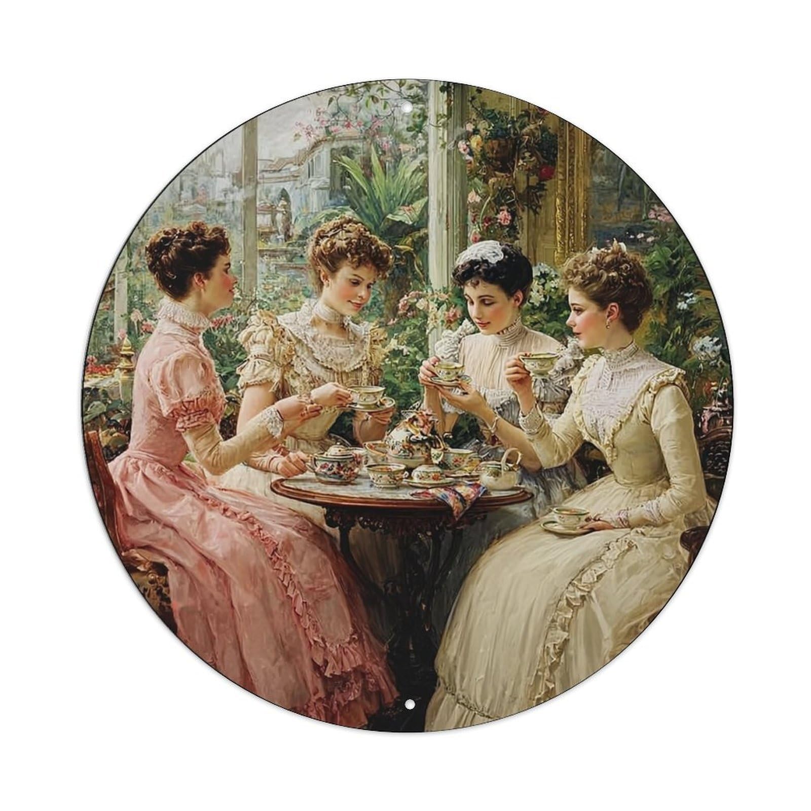 Nestemfo Women's Vintage Victorian Tea Party Scene Round Tin Sign Metal Sign, Living Room,Bar, Home, Bedroom Wall Decor,Retro Circle Metal Poster 8X8 Inches