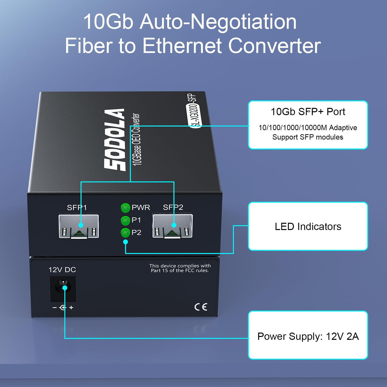 SODOLA 10G SFP+ Medienkonverter (Set) mit 10GBase-T Glasfasertransceiver Reichweite 30 Meter und 10GBase-SR Glasfasermodul (300 m, MMF, 850 nm) 10G Ethernet Media Converter