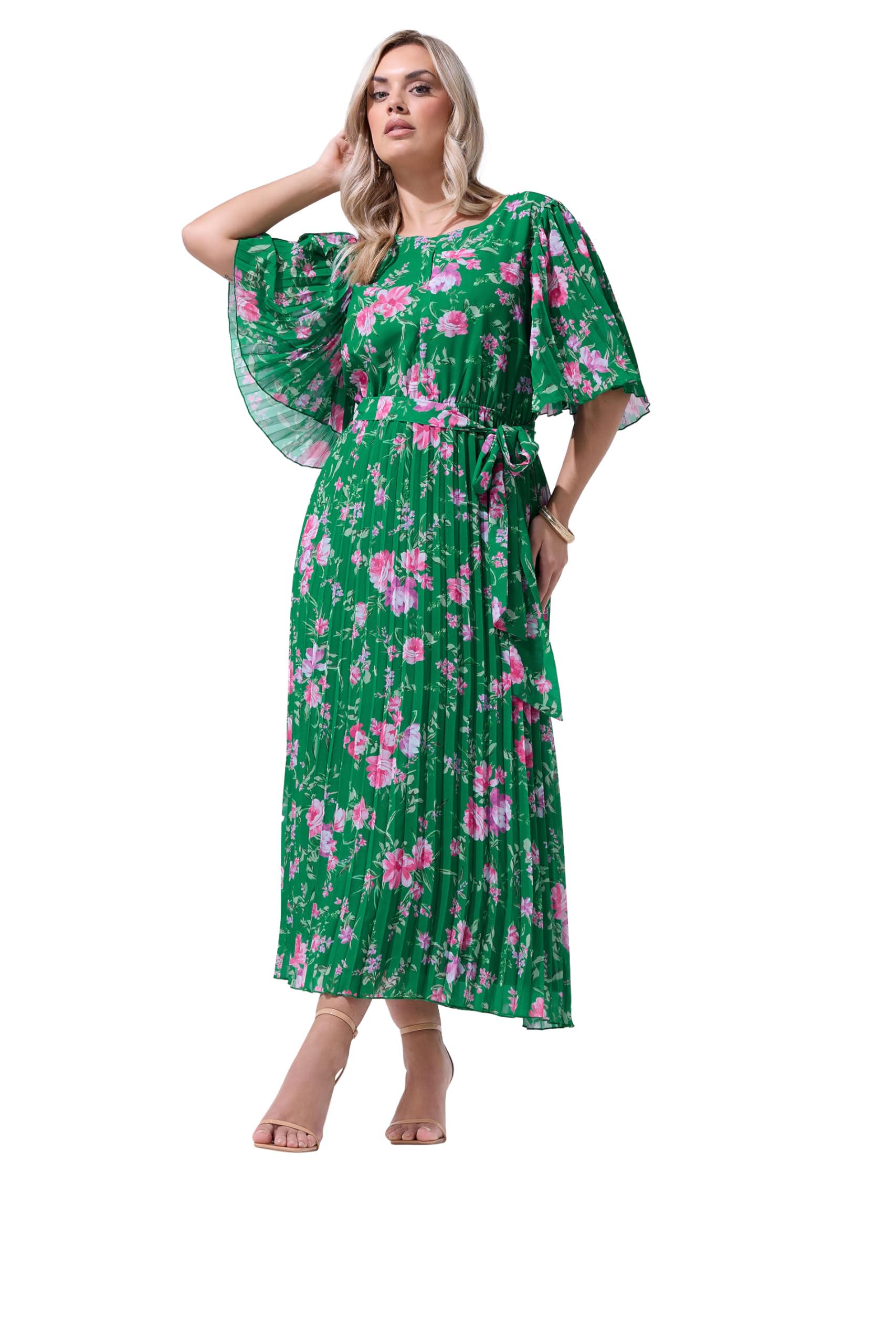 Yours Women's Green Floral Pleated Maxi Dress In | Size: 22