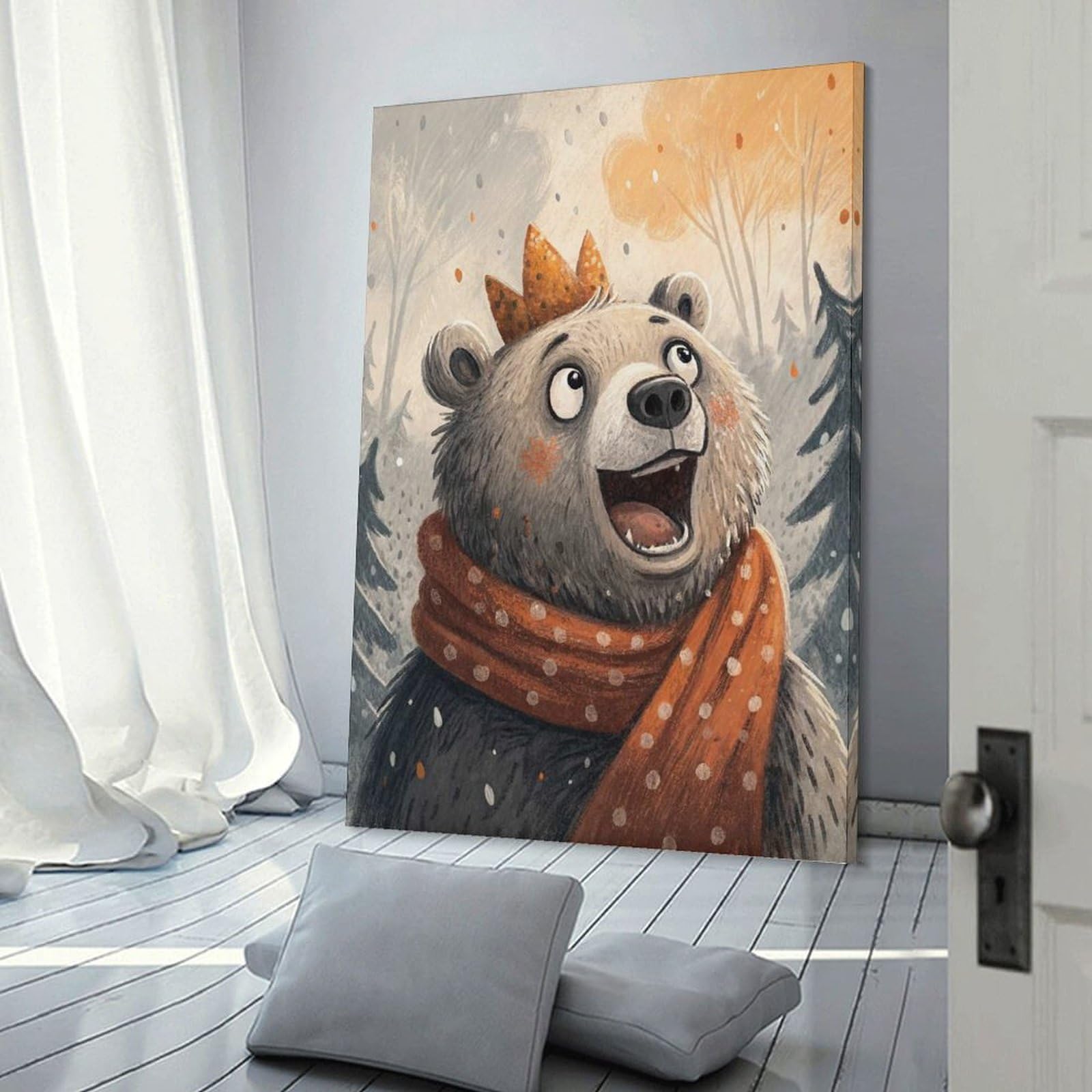 Junmoney Cartoon Bear with Crown And Scarf Decorative Wall Artwork, 20x30inch(50x75cm), for Home Lounge, Bedroom Or Reading Nook, Eye Catching Artwork for Blank Walls