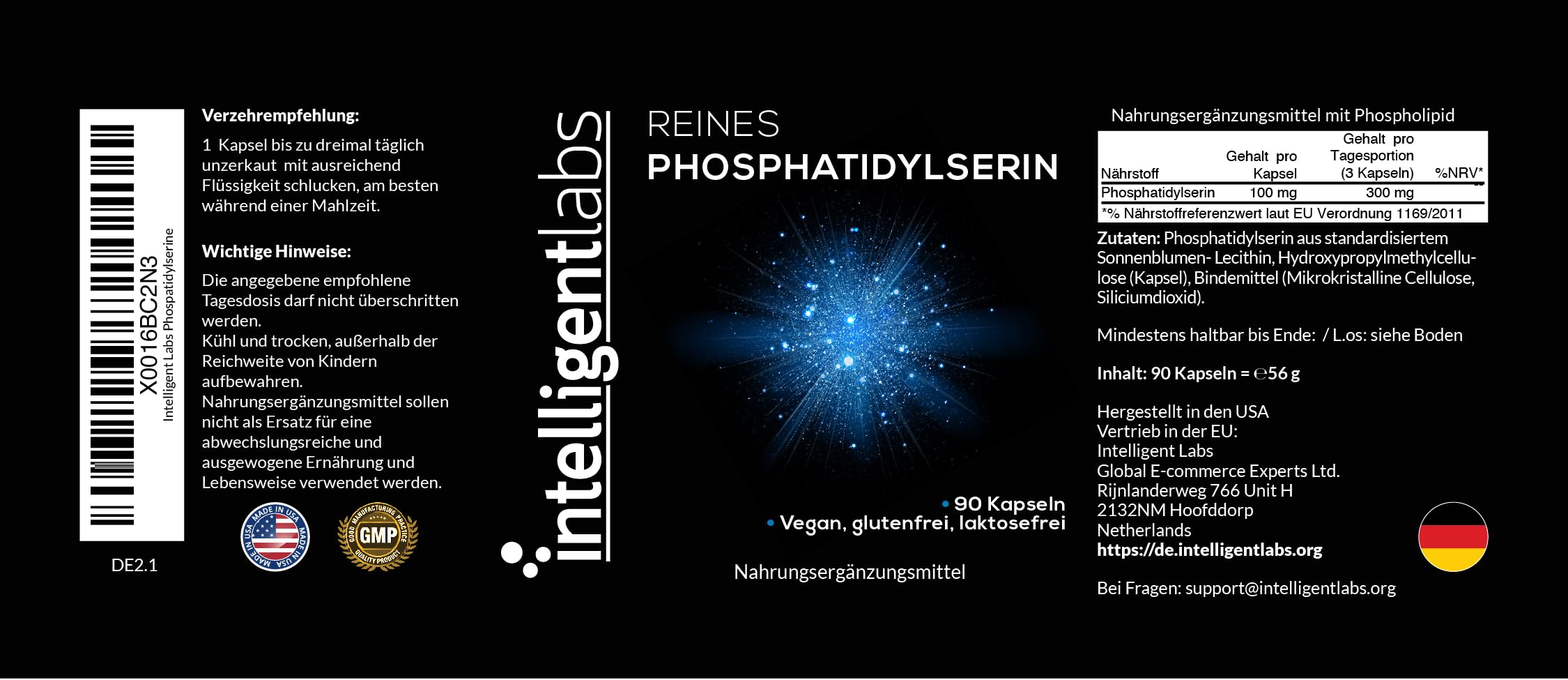Intelligent Labs Phosphatidylserin-Nahrungsergänzungsmittel 100 mg, 90 hochwirksame Kapseln, 100% Soja und allergenfrei, reines Phosphatidylserin aus Sonnenblumenlecithin