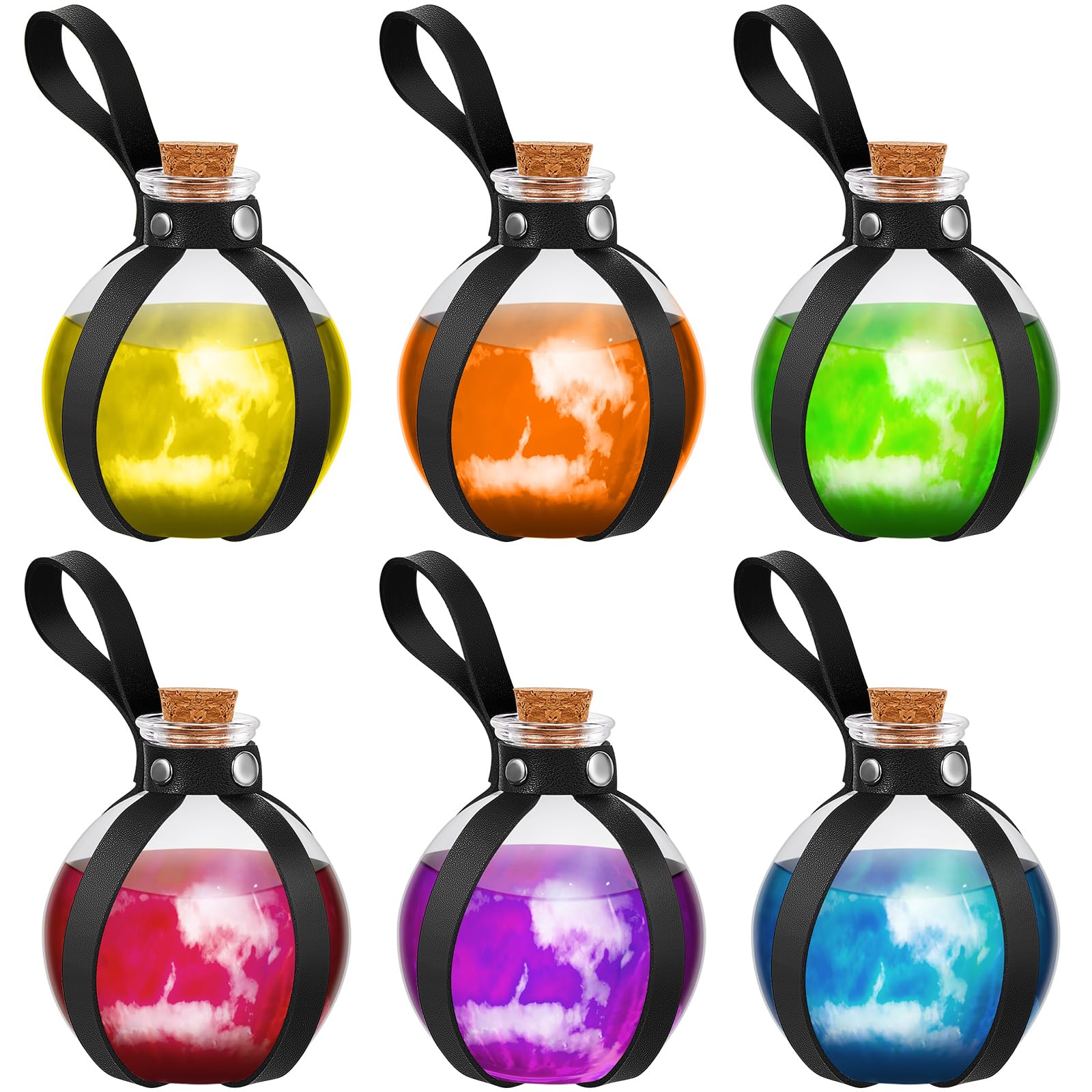 Patelai 6 Pcs Halloween Glass Potion Bottles with Cork Belt,Black