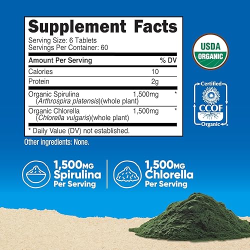 Miniatura 2 de Nutricost Espirulina orgánica + clorella (3,000 mg) 360 tabletas - USDA Organic, 1,500 mg de espirulina, 1,500 mg de clorella, vegano, sin OMG, sin