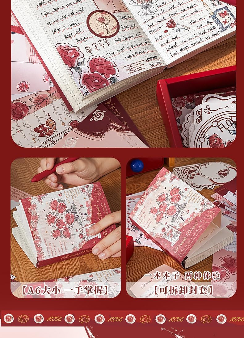 RUJVE Journal Supplies Kit Vintage Scrapbook Stickers Pack, Art Journal Kit, Bullet Junk Journal Planners DIY Decoration Paper Stickers Craft Kits Notebook Album Aesthetic Tape,Journaling Gift For Girl (rose red) 3