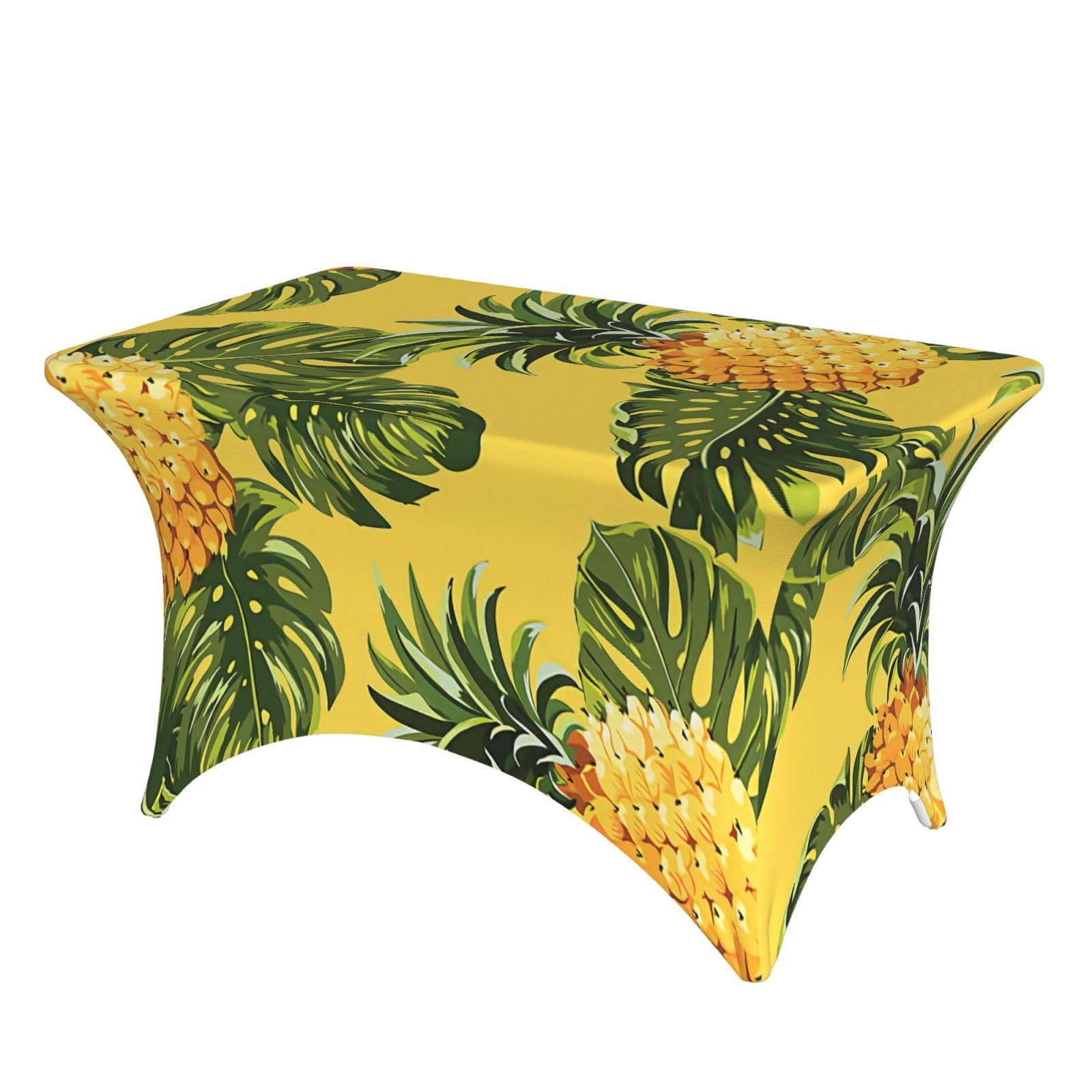 DCEHGEW 4FT Spandex Rectangular Table Cloth, Yellow Pineapple Printed Fitted Elastic Tablecloths Washable Table Cover for Event, Wedding, Banquet & Party