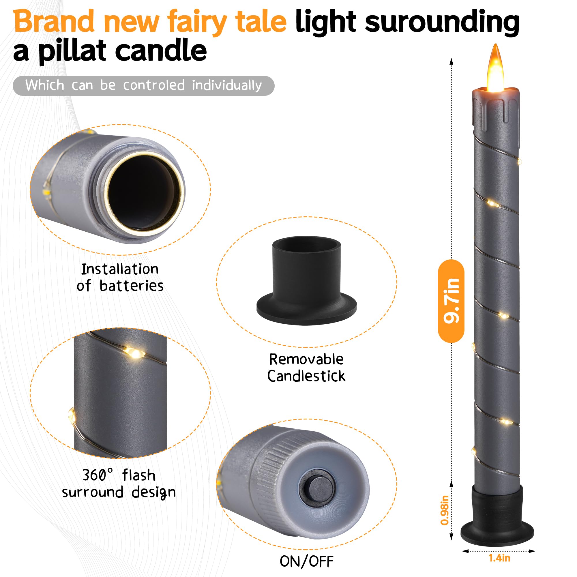 Da by 3 candele tremolanti senza fiamma, a batteria, candele da finestra con telecomando e LED 3D dinamico 3D, fiamma dinamica, 24 cm, per matrimoni, feste, decorazione della casa, colore grigio