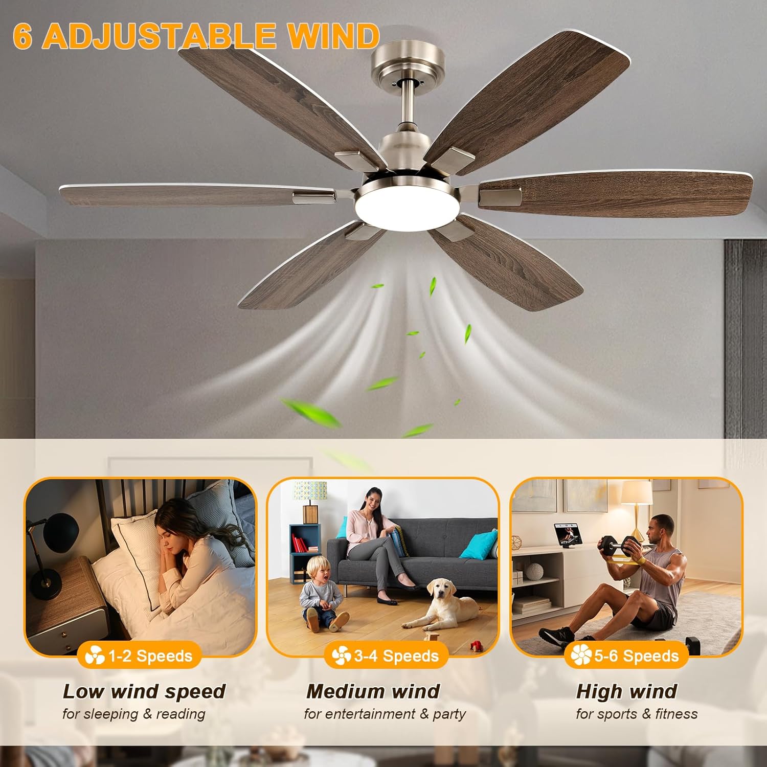 Ayaoty Ceiling Fans with Lights, 52 Inch Ceiling Fan with Light and Remote, 3CCT Dimmable, 6 Speed Reversible DC Motor,5 Blades Modern Nickel Ceiling Fan for Bedroom, Indoor/Outdoor Use