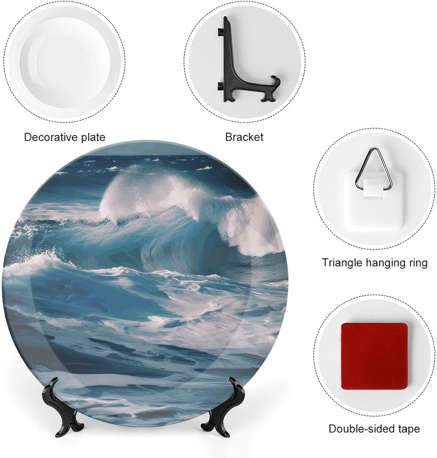 Ocean Waves Decorative Plates for Display Round Porcelain Plate Living Room Table Ceramic Hanging Decorative Plate Art Decor for Living Room Table with 1 Display Stand 10inch
