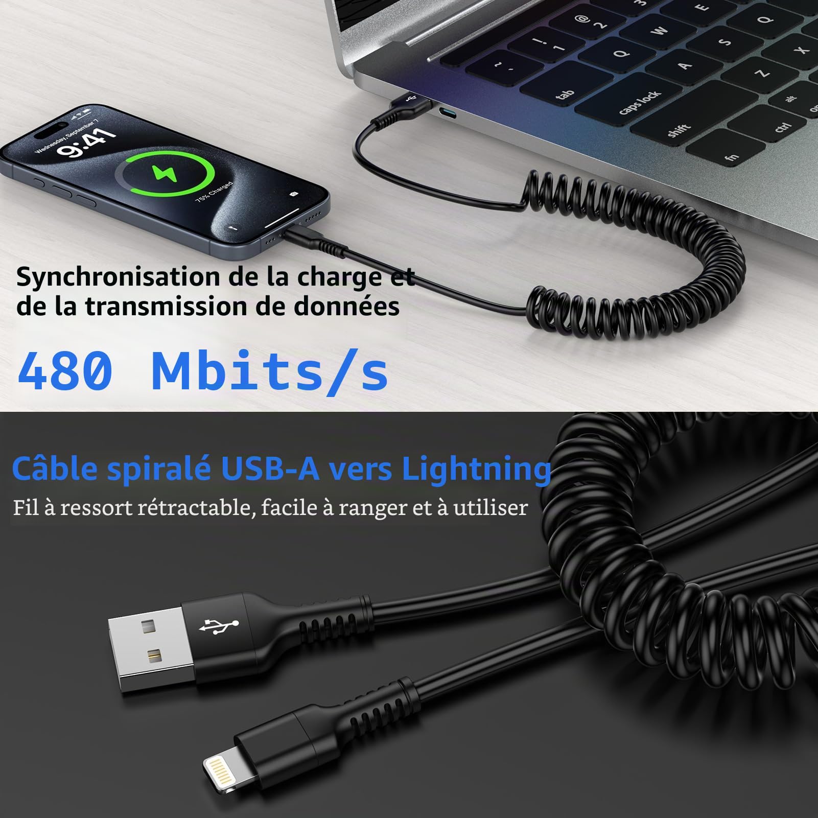 Cable Spiralé USB A à Cable Lightning, Cable iPhone Voiture Carplay [Certifié Apple MFi], Chargeur iPhone Court Rétractable avec Transmission de Données pour iPhone 14 13 12 11 Pro Max XS XR X 8 7