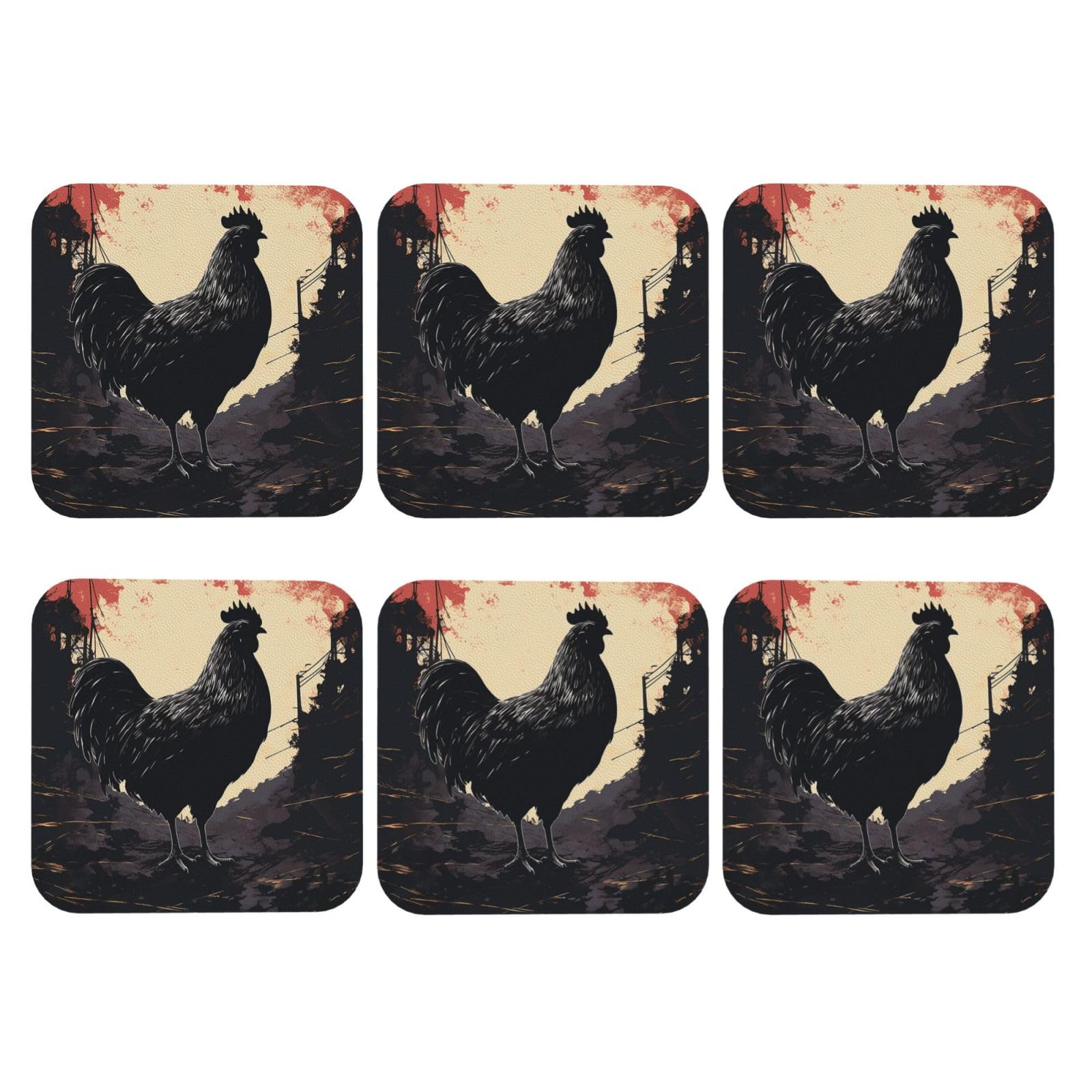 6pcs Leather Coasters for Drinks, Farmhouse Chicken Drink Coasters for Tabletop Protection, 4" Cup Coasters for Coffee Table Decor, Non-Slip Drinking Cup Mat for Hot Or Cold Drink