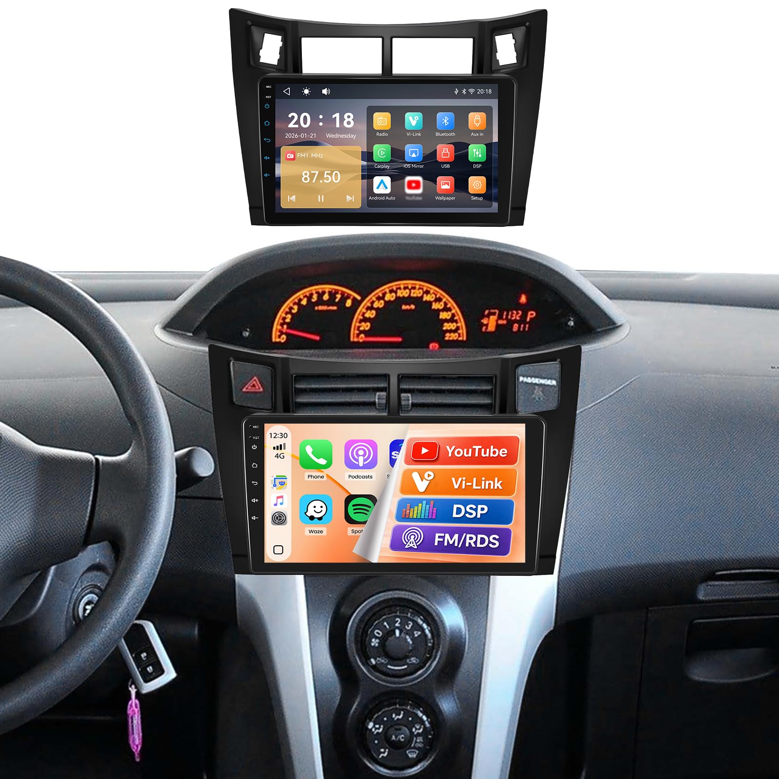 Autoradio per Toyota Yaris 2005-2011 Schermo IPS 9" Touch Apple CarPlay e Android Auto Radio Bluetooth 5.1 FM RDS DSP Comandi al Volante Telecamera Retromarcia