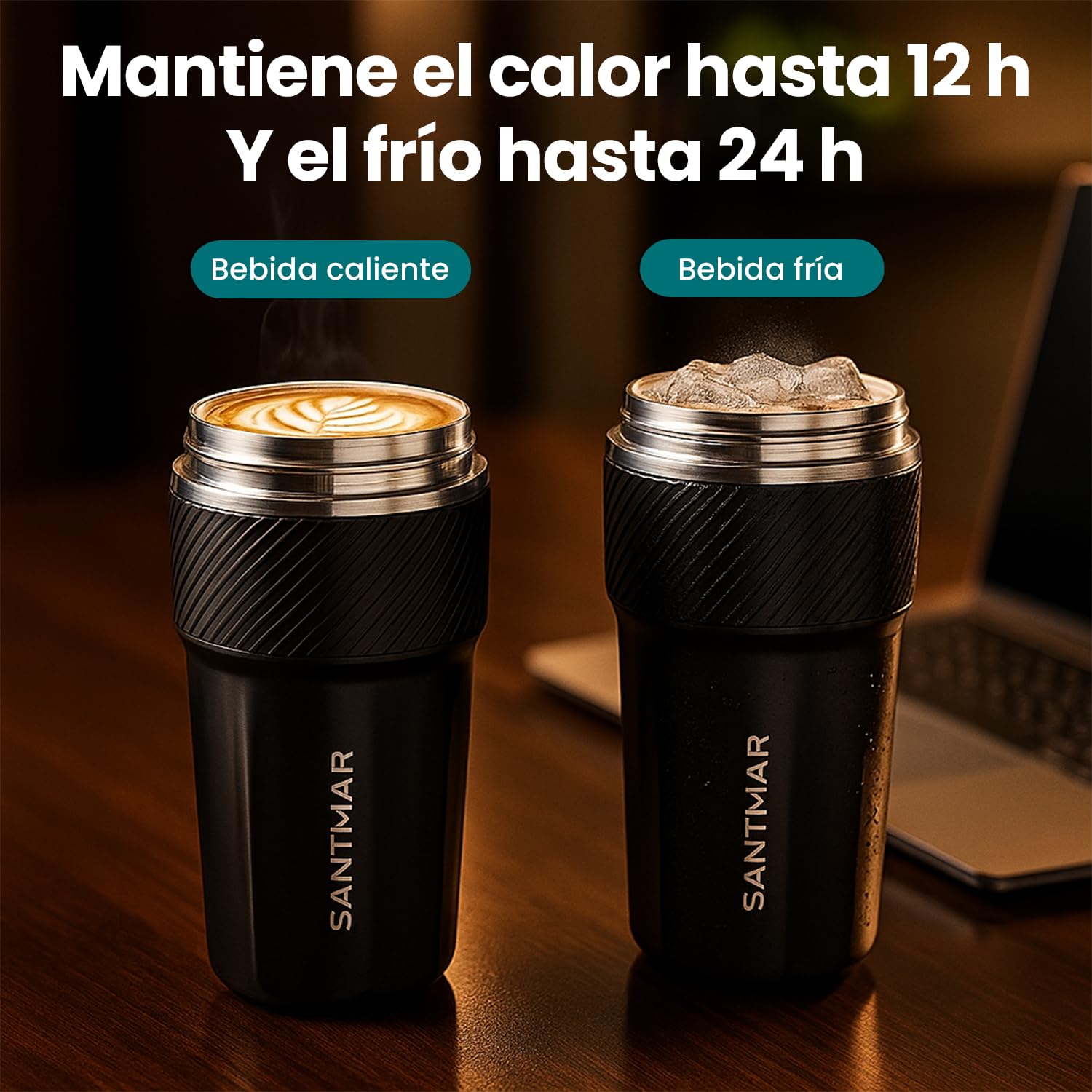 Gobelet isotherme pour café chaud et froid, 500 ml, acier inoxydable avec revêtement en céramique, double paroi sous vide, sangle de transport et 2 façons de boire