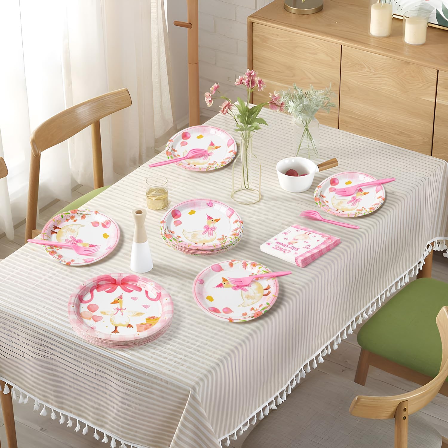 ANGOLIO One Silly Goose Party Tableware Set - 96Pcs Pink Cute Birthday Party Supplies Disposable Plates Forks Napkins Decorations for 24 Guests, Kawaii Silly Goose Bow Dinnerware for Girl Baby Shower