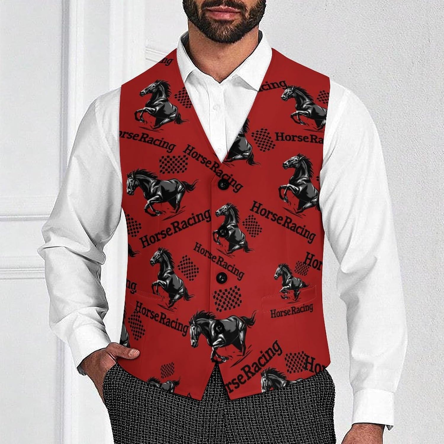 Horse Racing Checkered Flag Men's Suit Vest Slim Fit Waistcoat Tuxedo V Neck Dress Vests for Wedding Party