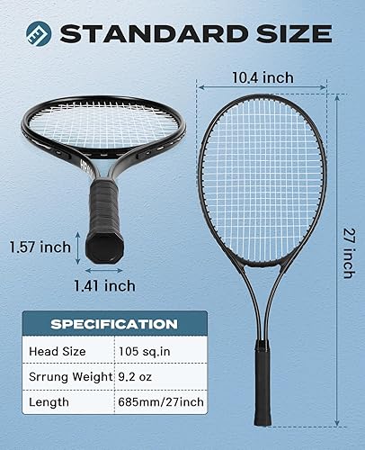 Miniatura 3 de HIRALIY Juego de raquetas de tenis de 27 pulgadas para adultos, raquetas de tenis preencordadas para 2 jugadores, 2 cintas de sobreagarre, 3 pelotas