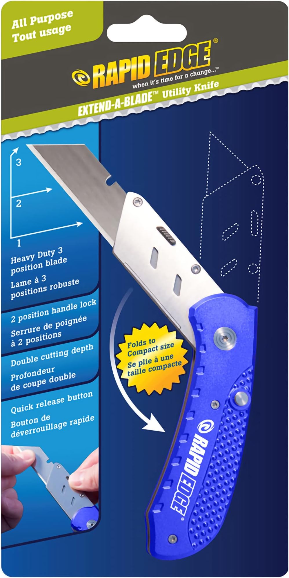 Rapid Edge Extend-A-Blade Utility Knife, Folding Razor Knife with 3 Blade Positions, Double Length Straight-Edge Cutter Blade