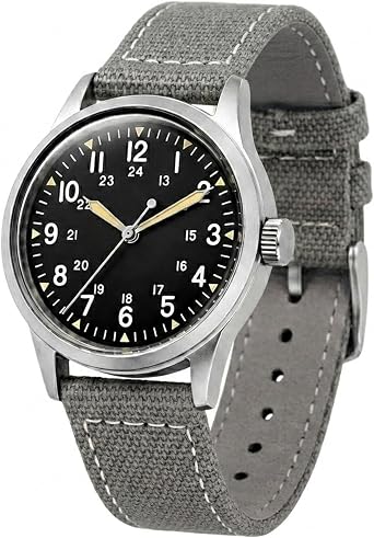 PRAESIDUS Jungle Field - Watch 34mm Black Dial Stainless Steel Case Mens Military Service Watch, Mens Watch, Black Leather/Black Canvas/Light Brown Canvas, Matte Black/OG - Light Grey Canvas Strap
