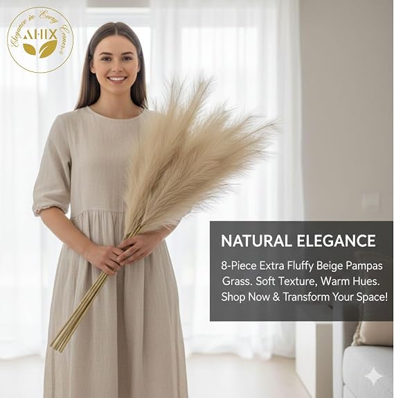 8 Pcs Beige Faux Pampas Grass, 38 Tall, Artificial Pampas for Vase Filler, Boho Home Decor, Farmhouse, Bedroom, Living Room, Rustic Wedding, Aesthetic Decor, (Beige)