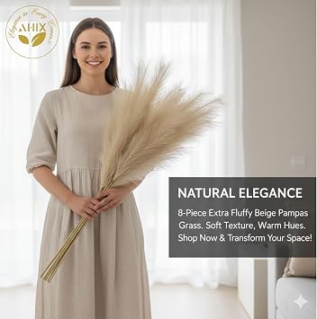 8 Pcs Beige Faux Pampas Grass, 38 Tall, Artificial Pampas for Vase Filler, Boho Home Decor, Farmhouse, Bedroom, Living Room, Rustic Wedding, Aesthetic Decor, (Beige)