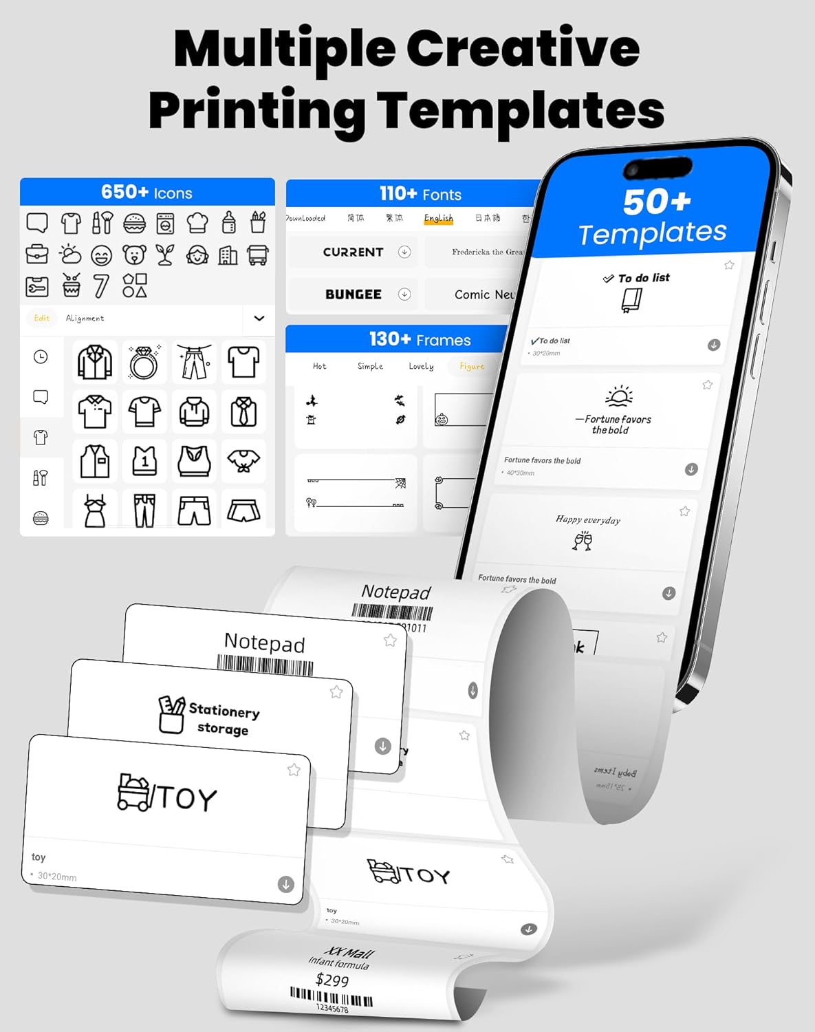 Smartphone screen showing the XeasyLabel app with multiple creative printing templates, icons, and fonts