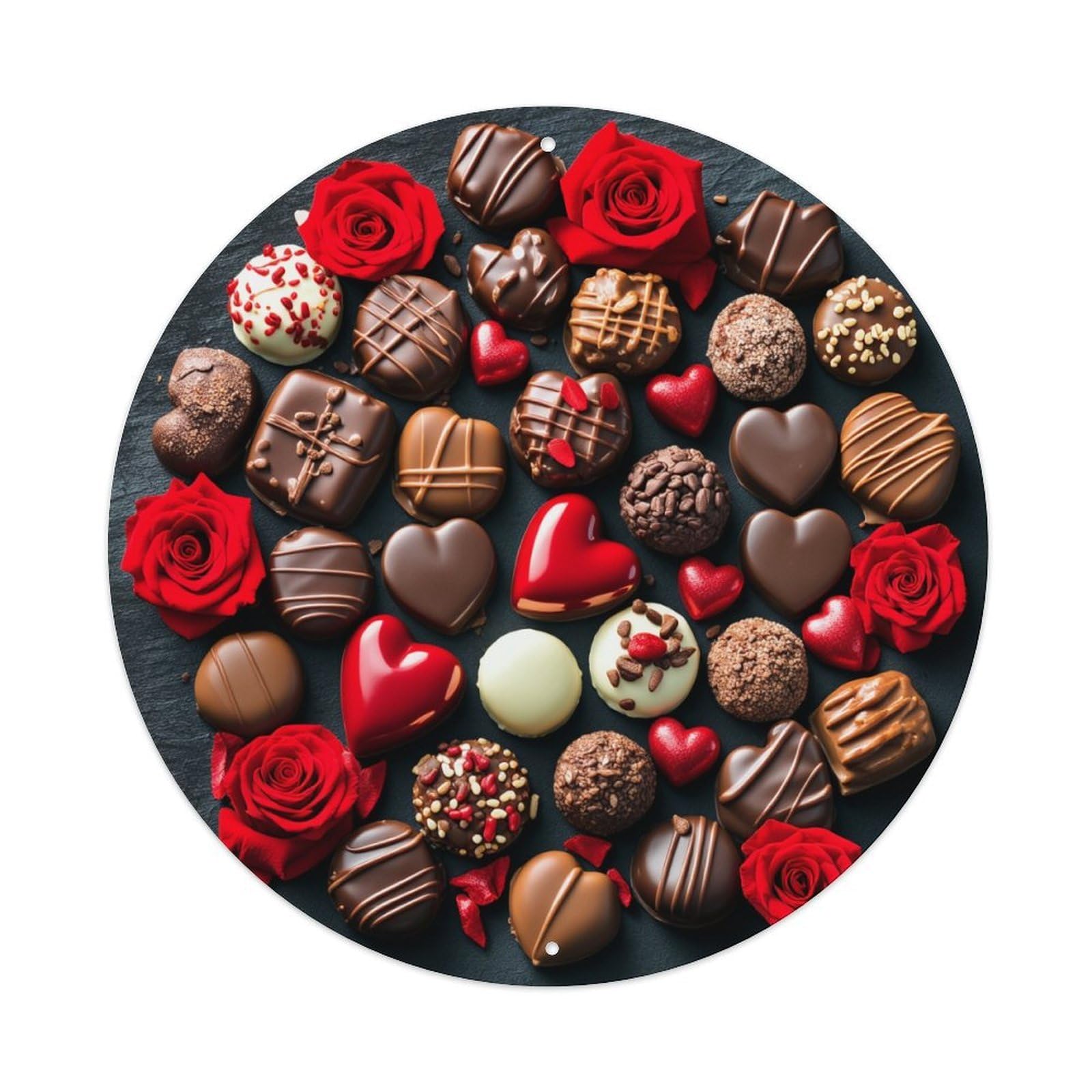 Heart Rose Chocolate Pattern Print Round Tin Sign Vintage Metal Poster, Home Bar Garage Man Cave Cafe Indoor & Outdoor Wall Decoration 8x8Inches