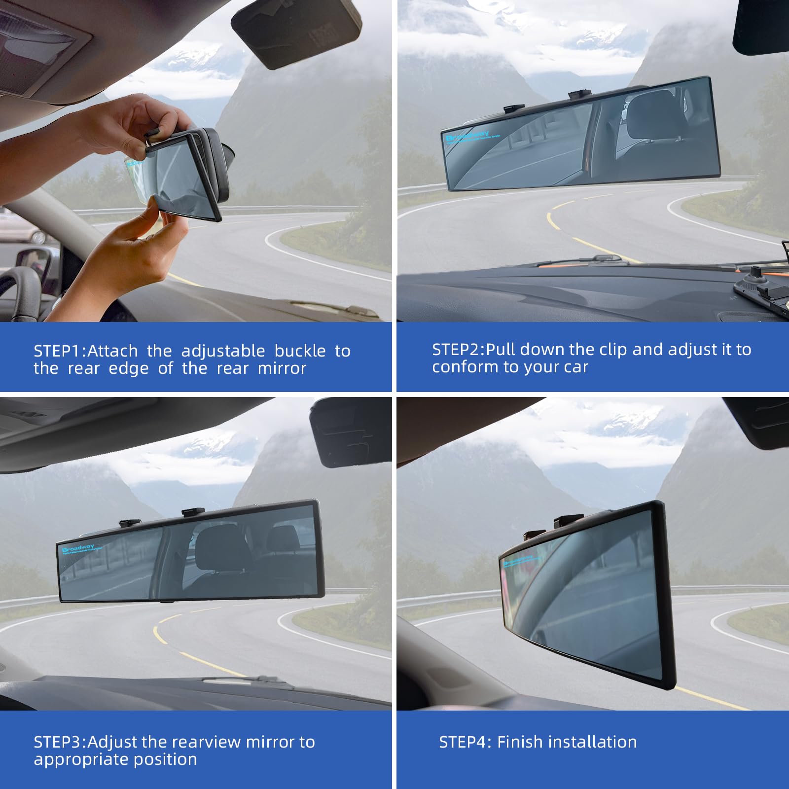 Broadway - Espejo retrovisor para coche, gran angular, panorámico, antirreflejos, accesorios universales para interior de coche, espejo convexo para coche, SUV, camiones.