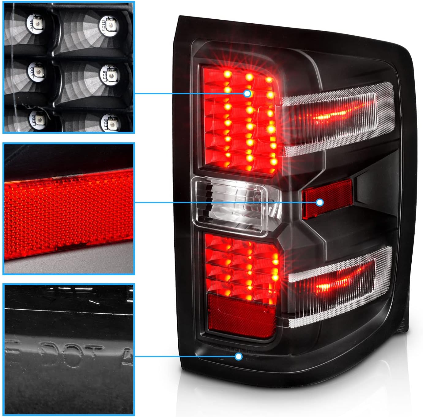 AmeriLite for 2014-2019 Chevy Silverado 1500 2500 3500 GMC Sierra 3500HD LED Replacement Black Tail Light Assembly Pair - Passenger and Driver Side