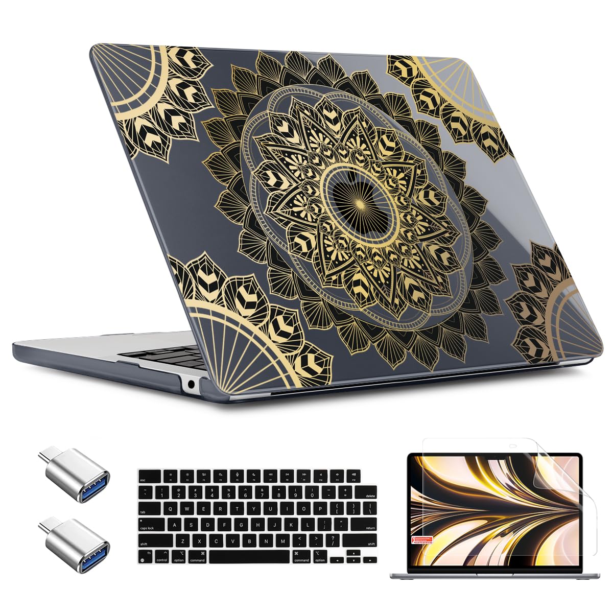 CAMPLALA Compatible with MacBook Air 15 inch Case 2024 2023 Release M3 A3114 M2 A2941, Hard Shell Cover & Keyboard Cover & Screen Protector & OTG Adapter for MacBook Air 15, Mandala