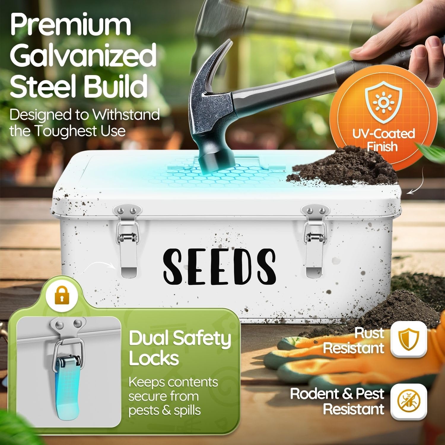 Flexzion Boîte d'économie de graines – Boîte de rangement de graines en métal avec couvercle, 4 compartiments spacieux, bac de rangement pour outils de jardin et plus avec verrous de sécurité, blanc