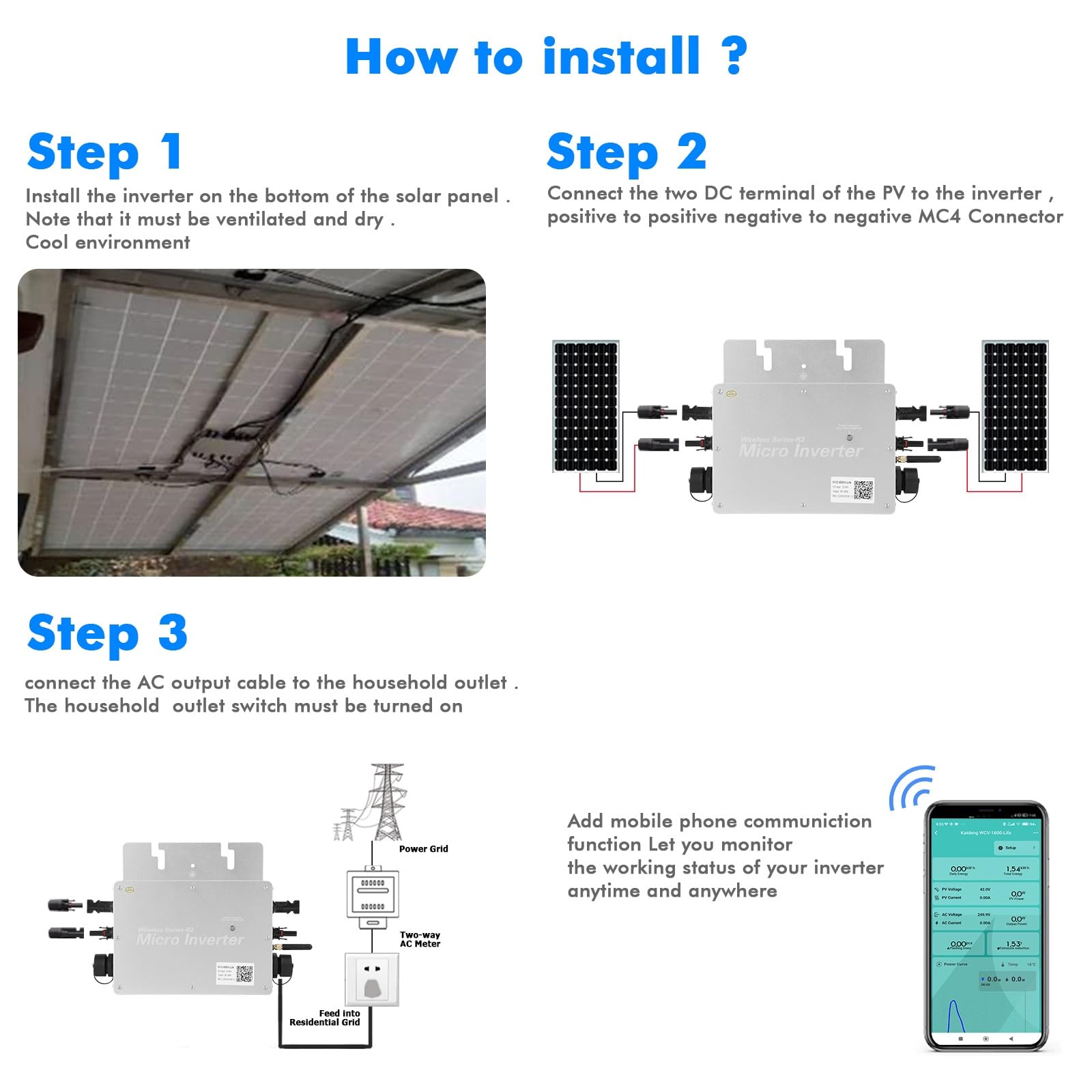 Jadeshay Micro-onduleur, 600W Onduleur Solaire Convertisseurs Connectés au Réseau Micro Onduleur Solaire MPPT WiFi avec Système de Surveillance de Téléphone Portable