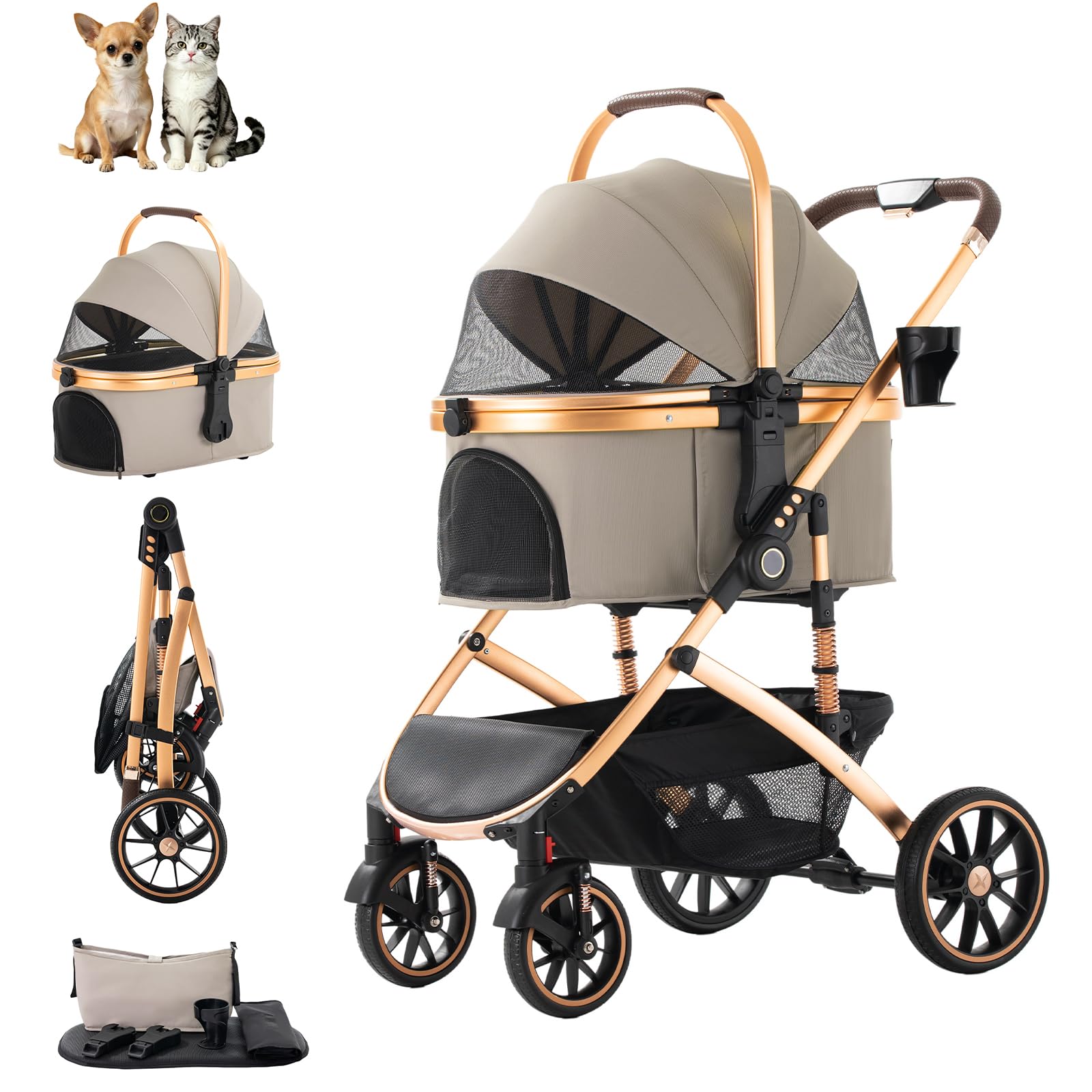 Zkiprm pieghevole passeggino per cani, passeggino per media gatti & cani, con trasportino rimovibile, Dotato di: cestino | portabicchieri | ruote 360° | cintura sicurezza | carico max 22 kg