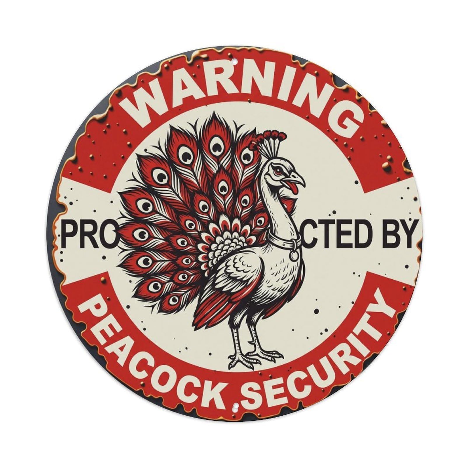 Metal Tin Sign Warning Protected By Peacock Security Vintage