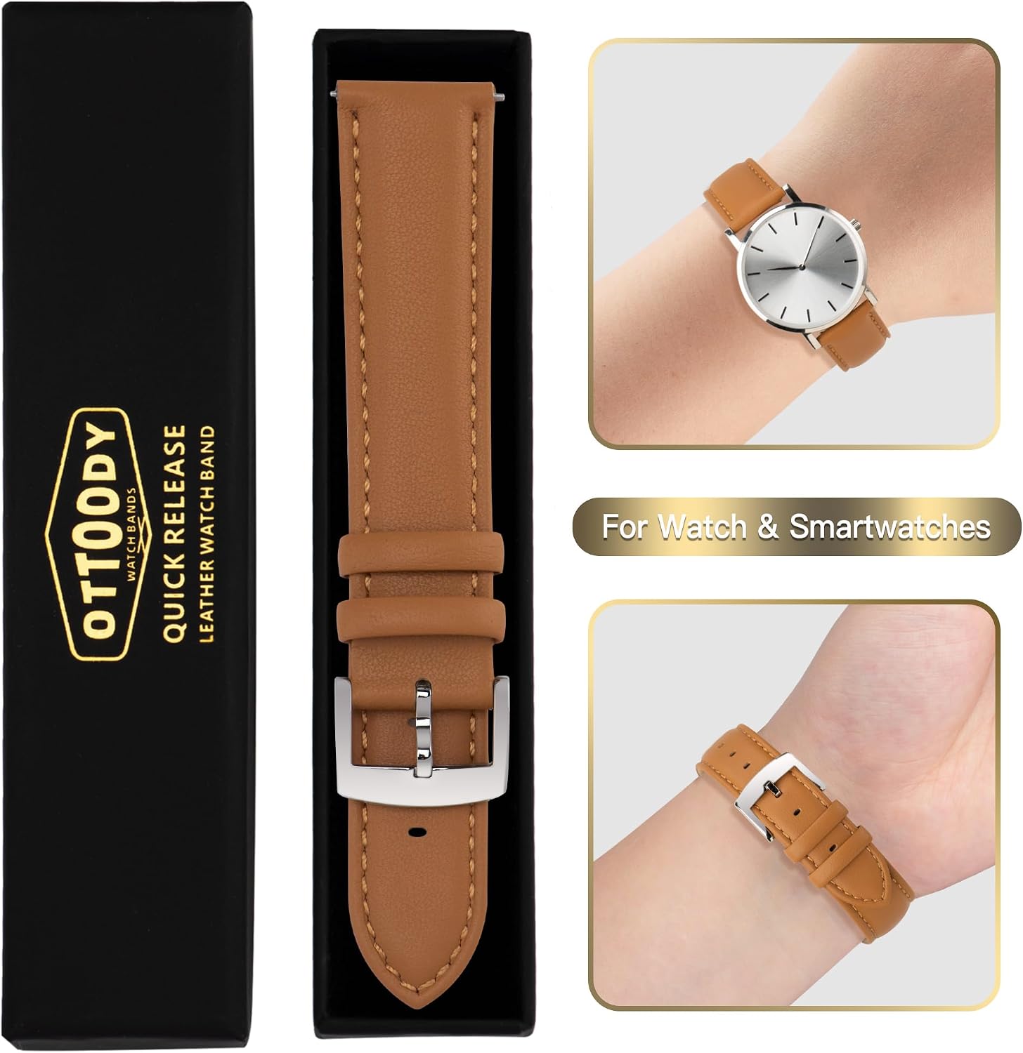 OTTOODY Leather Watch Bands Strap Quick Release, Elegant & Soft Top Grain Genuine Leather Watch band for Men Women, 22mm 21mm 20mm 18mm 16mm Replacement Straps for Watch & Smartwatch