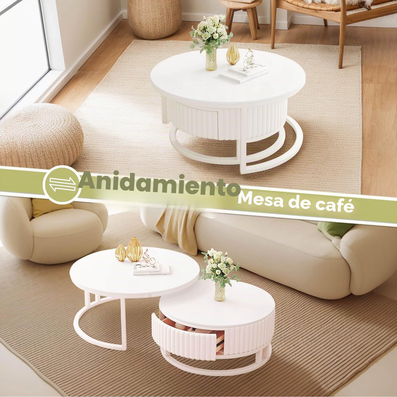 Mesa De Centro Redonda Blanca Con Madera Y Cajones Moderno Mesa De Centro De Mármol Mesa Nido Juego De 2 Mesas Auxiliares Para Salón Robusto Armazón Metálico