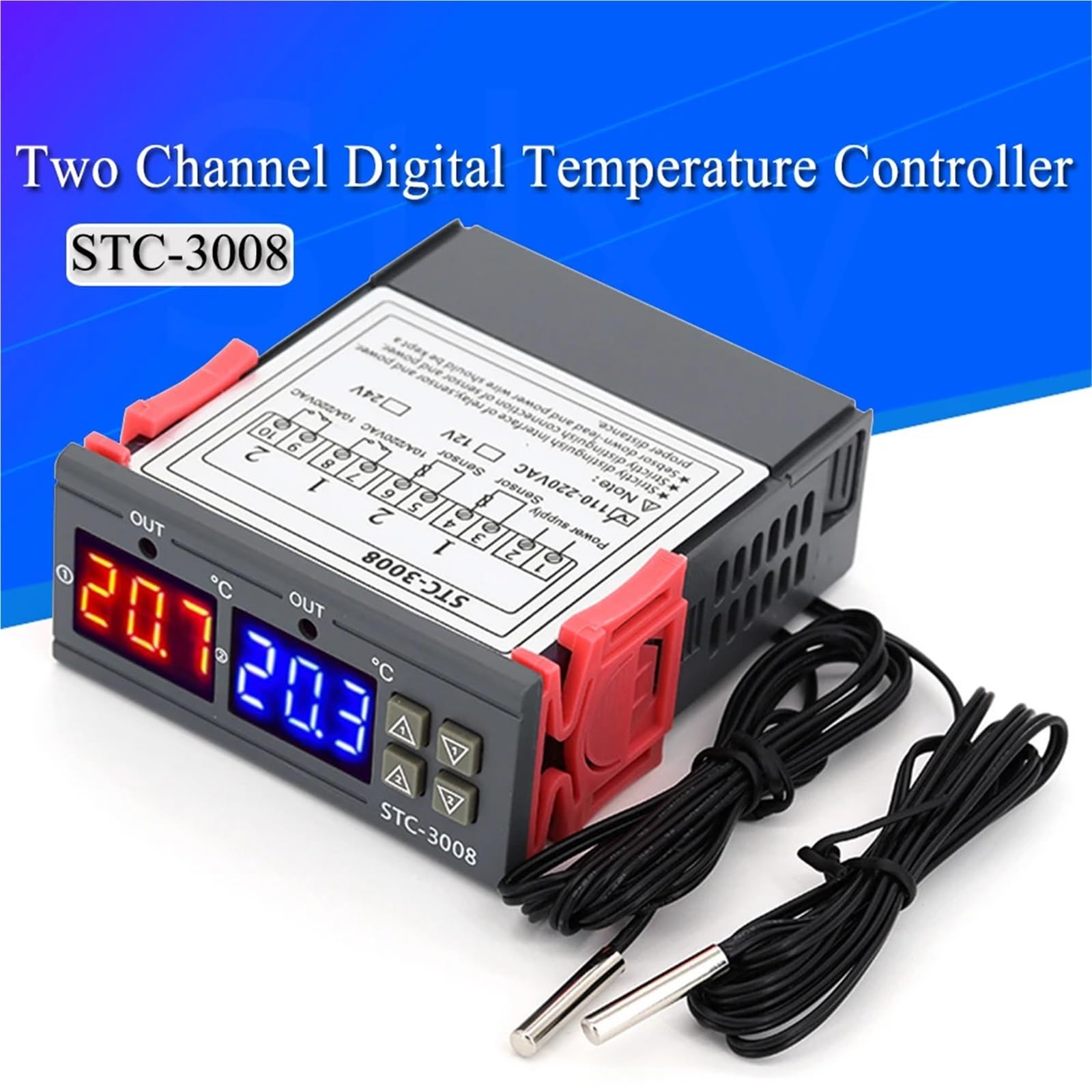 Podwójny cyfrowy kontroler temperatury, dwa przekaźniki, termostat, regulator temperatury 10 A, ogrzewanie, chłodzenie, STC-3008, 12 V, 24 V, 220 V (DC24 V)