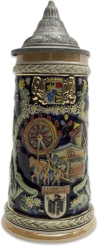 Essence of Europe Gifts E.H.G OktoberfestHaus - Taza grande de cerveza con tapa de metal, pintada a mano, grabada a mano, con tapa de metal, 1 litro
