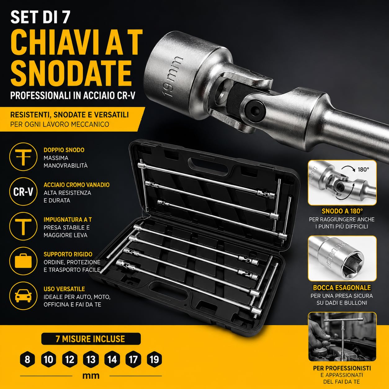 Generico Topolenashop Set 7 Chiavi a T Snodate con Doppio Snodo – Misure 8 10 12 13 14 17 19 mm, Chiavi in Acciaio Cromo Vanadio con Supporto per Auto e Officina