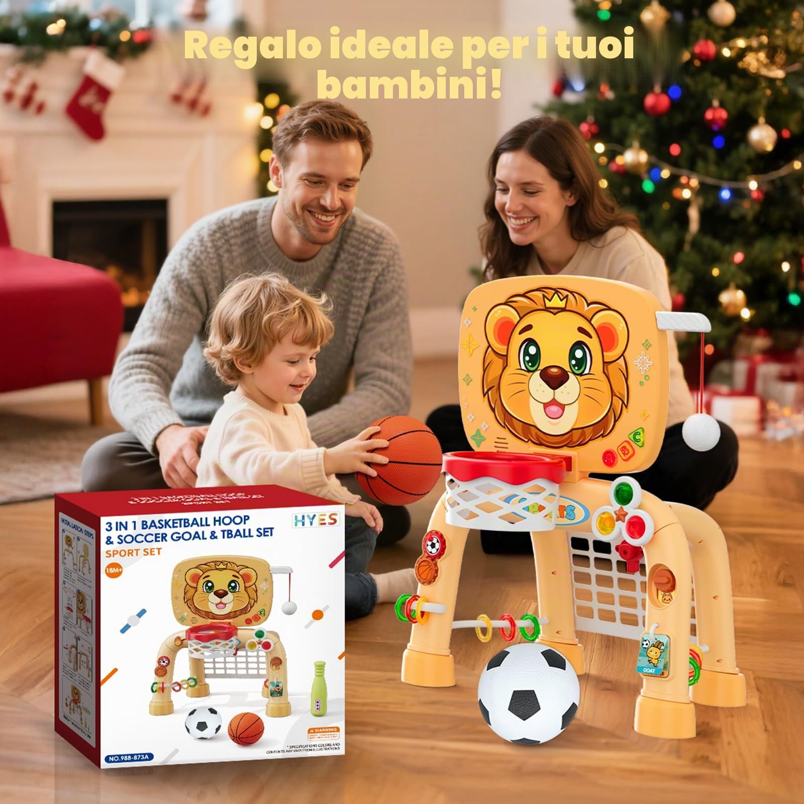 HYES 3 in 1 Bambini Canestro da Basket con Calcio Baseball, Pallacanestro con Porta da Calcio, Mini Canestro Basket, Bambino Apprendimento attività Giocattoli Regalo per Baby Ragazzo Ragazza