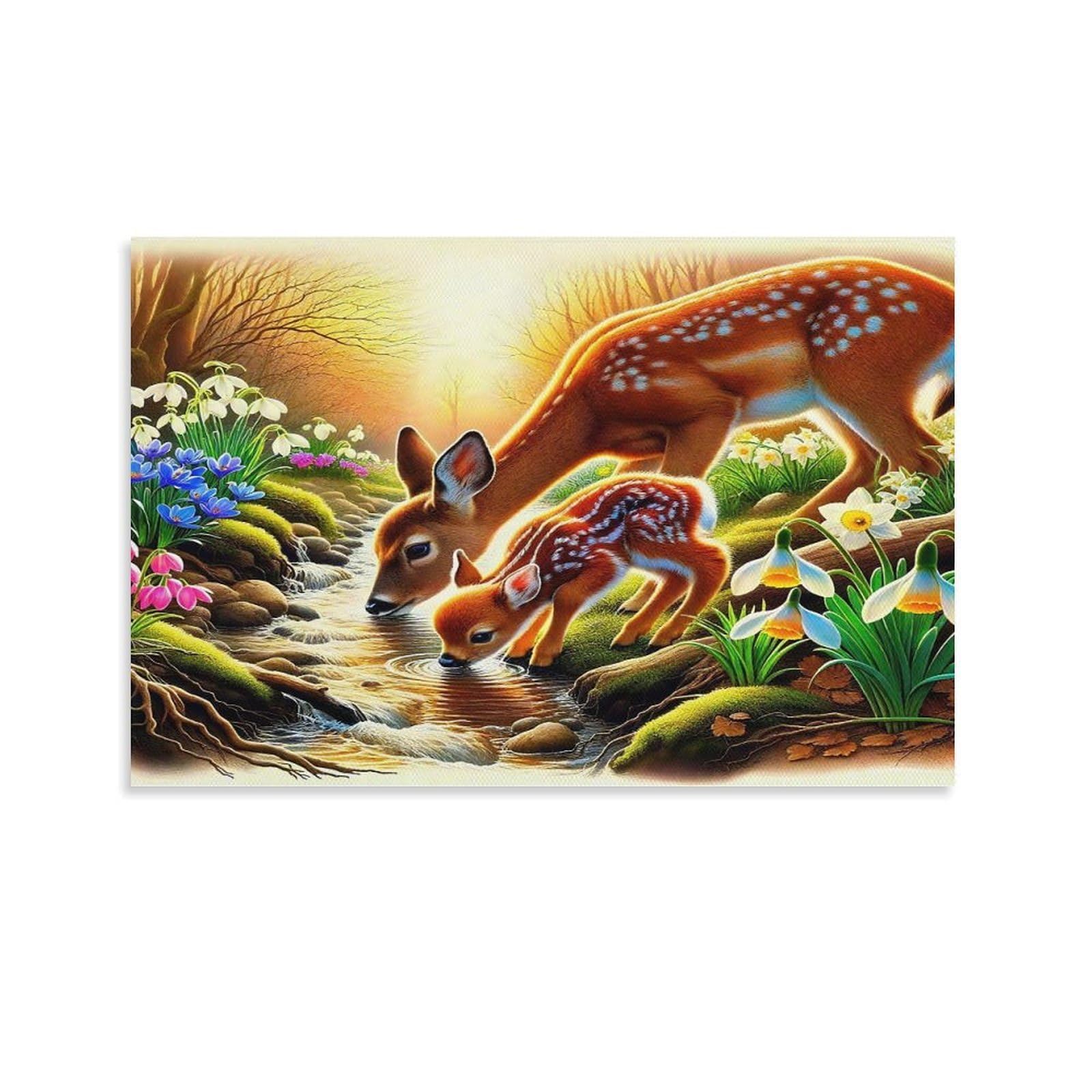 CPLVKWRQJ Starry Night Fawn Amid Flowers Single Piece Two Spotted Deer Drink by Spring Flowers Canvas Print - Kitchen Canvas Wall Decor Easy to Clean Removable Focal Point 08x12inch(20x30cm)