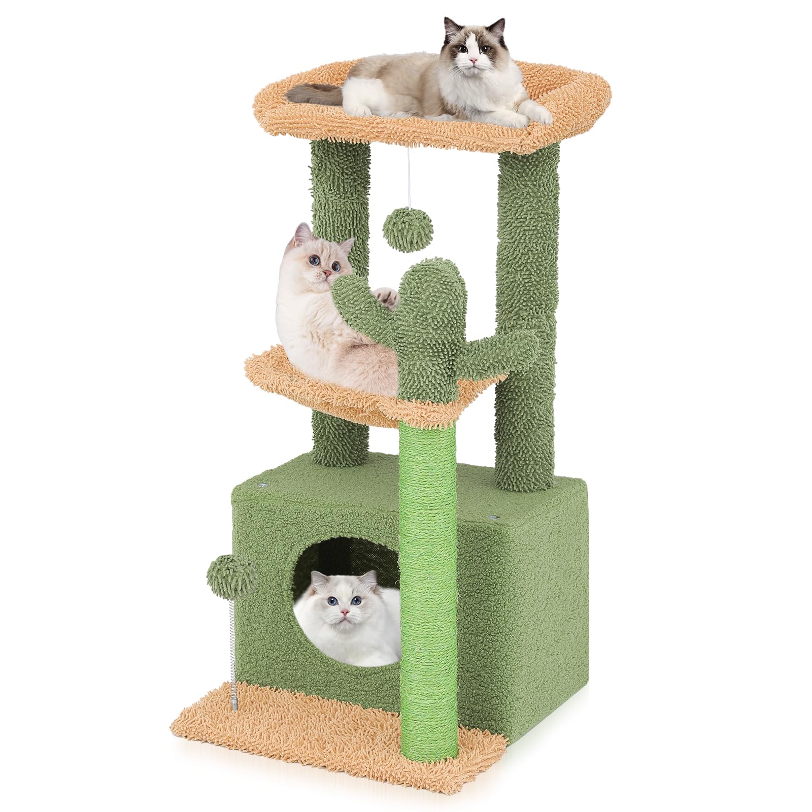 MoNiBloom Cat Tree Cactus, 33.5 Inches Cat Tower with Sisal-Covered Scratching Posts, Cozy Condo, Perches and Fluffy Balls for Indoor Cats, Green