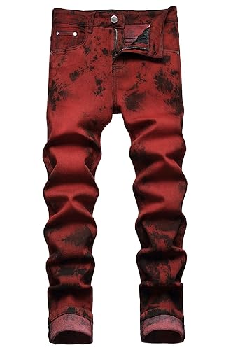 Men's Casual Stylish Straight Slim Fit Jeans Young Hiphop Skinny Denim Pants - 28 - 843 Wine Red