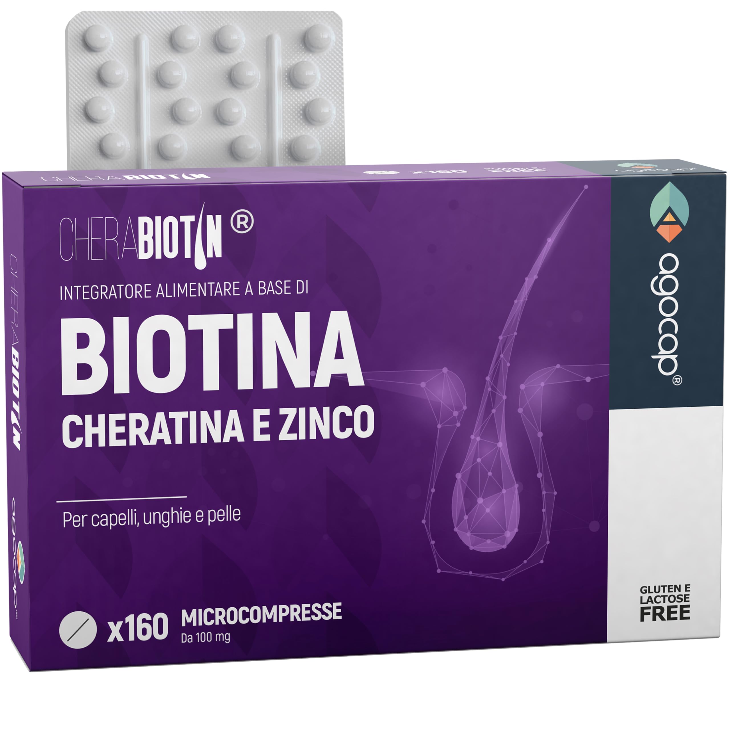 Cherabiotin, integratori a base di Biotina, Cheratina e Zinco. Vitamine per unghie e pelle. crescita capelli e anticaduta donna. 160 micro compresse, 5 MESI DI FORNITURA (Cherabiotin 160cpr)