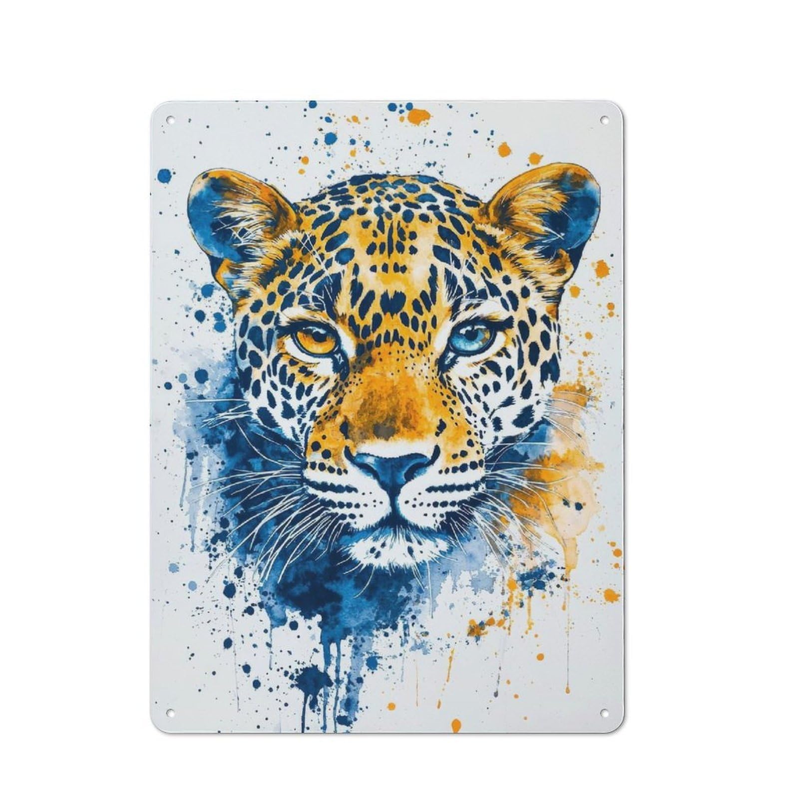 Wildly Spotted Leopard Watercolor Rustic Metal Sign 40x30cm for Workshop Wall, for Collectors of Rustic Metal Wall Decor