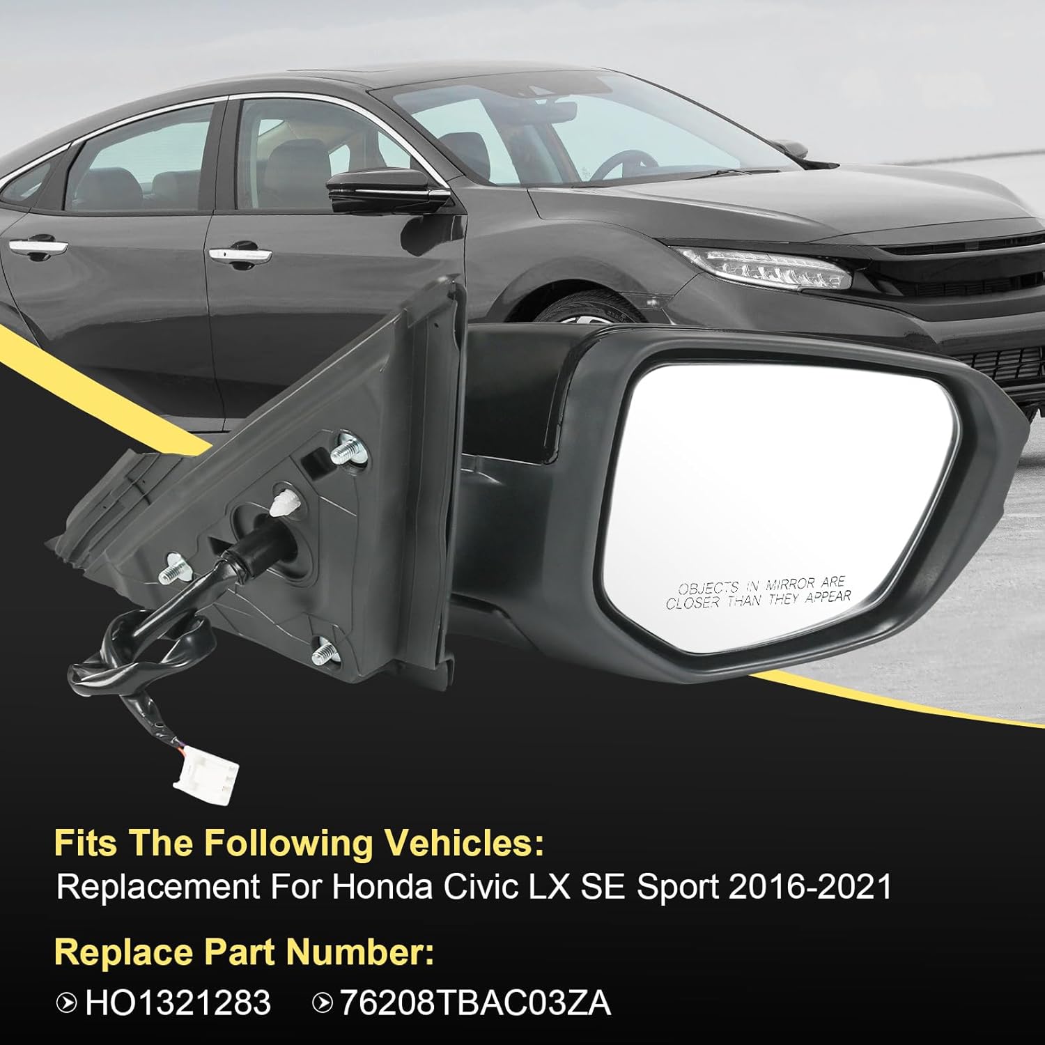 door mirror right passenger side replacement for honda civic lx se sport 2016-2021, replace ho1321283 black 3pins black-3pins right passenger side