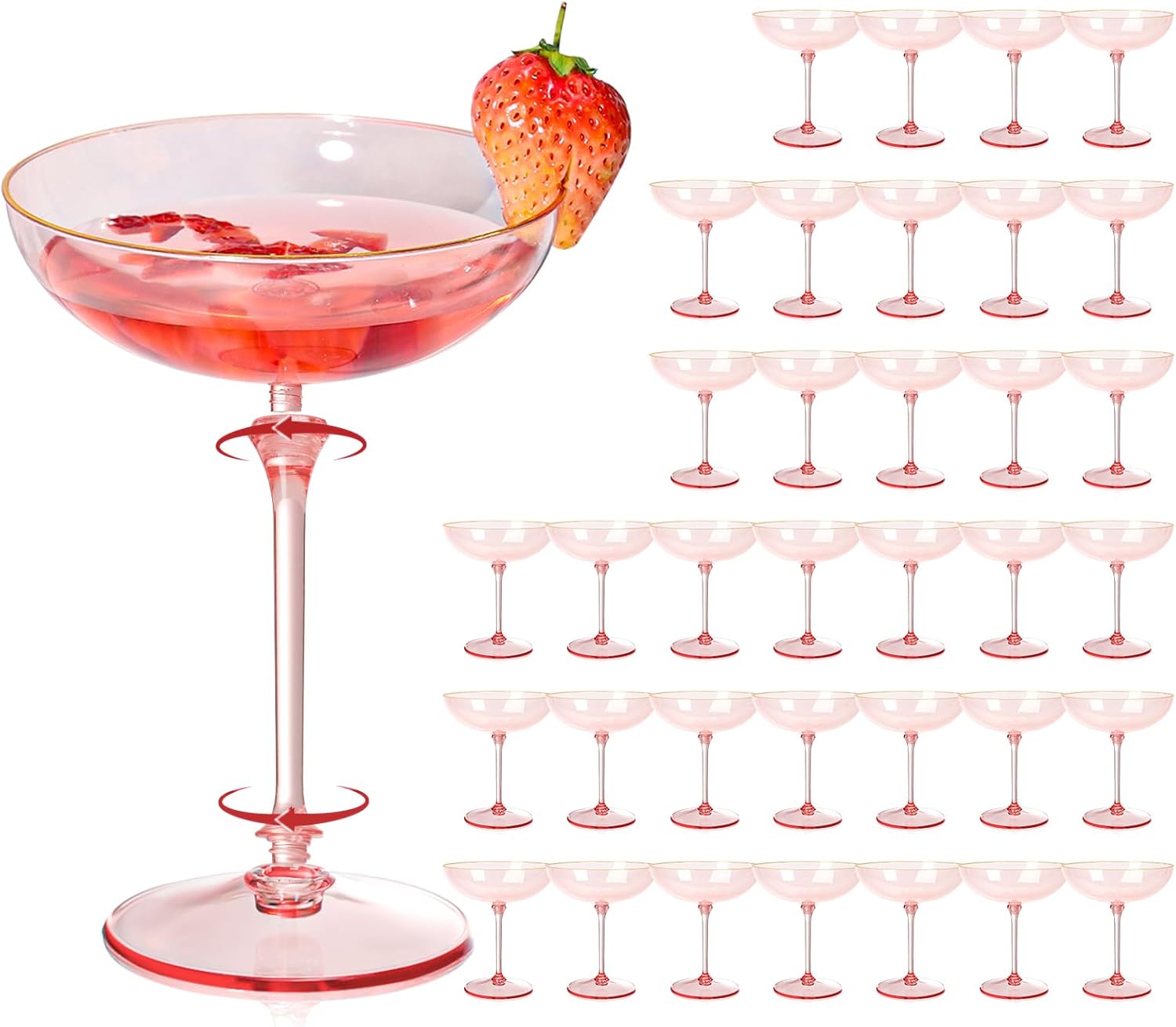 Detachable Martini Glasses 9oz Plastic Pink Champagne Coupe Glasses Gold Rim Hand Blown Vintage Cocktail Glassware Set Unique Martini Glass For Wine Wedding (50, Clear Pink)