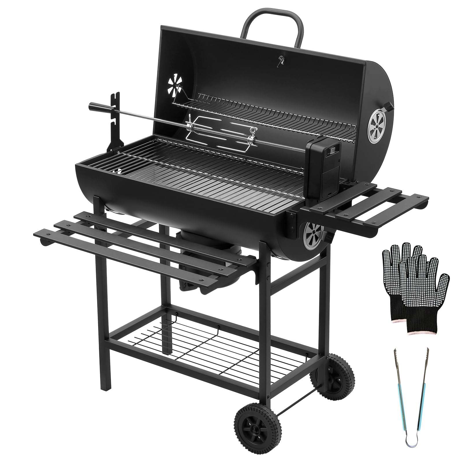 TEENO Grill Grillwagen BBQ Smoker Holzkohlegrill mit Deckel, Brathähnchen-Gestell,Rädern, Edelstahl-Griff, Grillrost und Thermometer, Lieferung von Clips und Handschuhen,Standgrill, Kohlegrillwagen